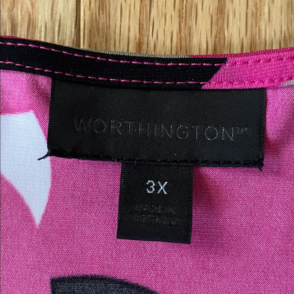 Worthington Top Womens 3X Pink Abstract Geometric Print Blouse Short Sleeve - Picture 2 of 9